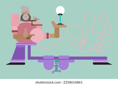ilustración de un dibujo plano de doodle de hombre que muestra una bombilla de jardín y un ratón y un niño que juegan en una colorida mente relajante en el diseño