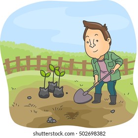 Illustration of a Man Dressed as a Farmer Using a Shovel to Dig the Ground Before Planting Saplings
