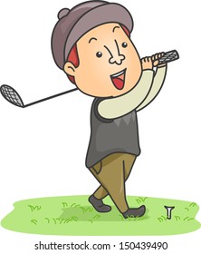 Illustration of a Man Dressed in Golfing Gear Swinging a Golf Club