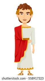 Illustration of a Man Dressed as a Roman Emperor Wearing a White Tunic Draped with a Red Cape