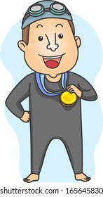 Illustration of a Man Dressed in Swimming Gear Proudly Showing His Medal