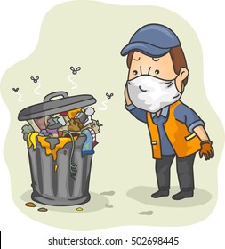 Illustration of a Man Dressed as a Trash Collector Scratching His Head While Checking a Pile of Stinky Garbage