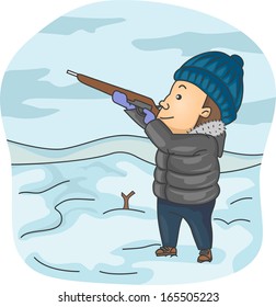 Illustration of a Man Dressed in Winter Clothes Taking Aim with His Rifle