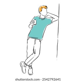 An illustration of a man drink a can of alcohol beer line art hand drawn illustration 