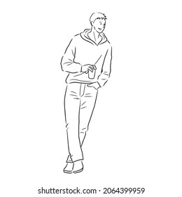 Illustration of a man drinking coffee being held on the counter (white background, vector, cut out, line art)