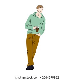 Illustration of a man drinking coffee being held on the counter (white background, vector, cut out)