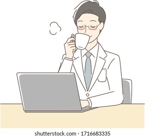 Illustration of a man drinking coffee in front of a computer