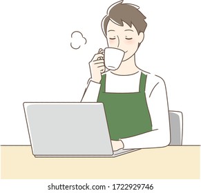 Illustration of a man drinking coffee in front of a computer