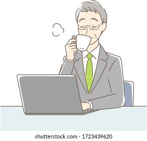 Illustration of a man drinking coffee in front of a computer
