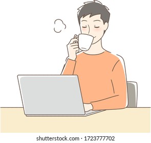 Illustration of a man drinking coffee in front of a computer