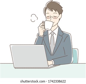 Illustration of a man drinking coffee in front of a computer