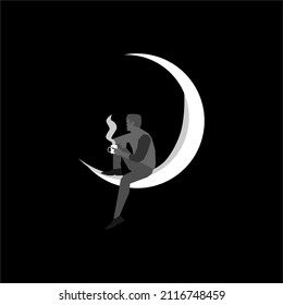 Ilustración de un hombre tomando café en la luna creciente