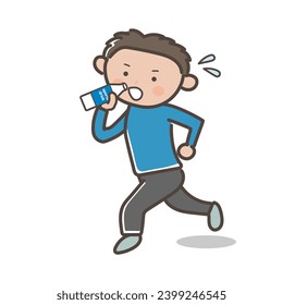 Illustration of a man drinking a sports drink to rehydrate while running