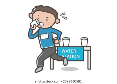 Illustration of a man drinking water at a water station during a marathon race