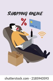 Ilustración de un hombre bebiendo vino trabajando en una laptop