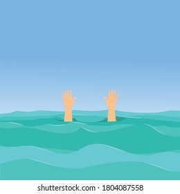 Illustration Of A Man Drowning At Sea, Flat Design Vector