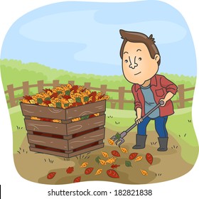 Illustration of a Man Dumping Dry Leaves in a Compost Bin