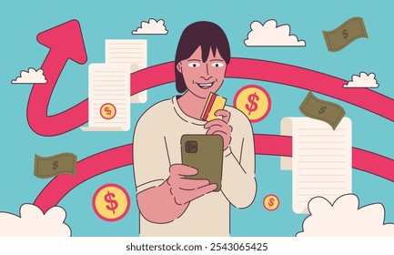 Ilustración de un hombre que gana dinero fácilmente usando un teléfono inteligente en la era digital, mostrando métodos de ingresos en línea simples y efectivos a través de App modernos para ganancias financieras rápidas e ingresos remotos