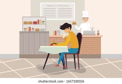 Illustration Of A Man Eating Alone In A Canteen