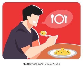 illustration of a man eating food at the table. showing cutlery, fork, spoon, plate icons. isolated red background. concepts of health, food, nutrition, needs, etc. flat vector