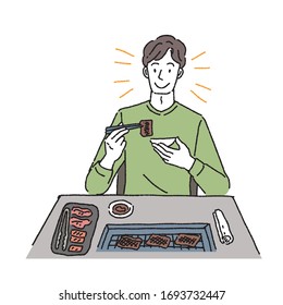 Illustration of a man eating grilled meat