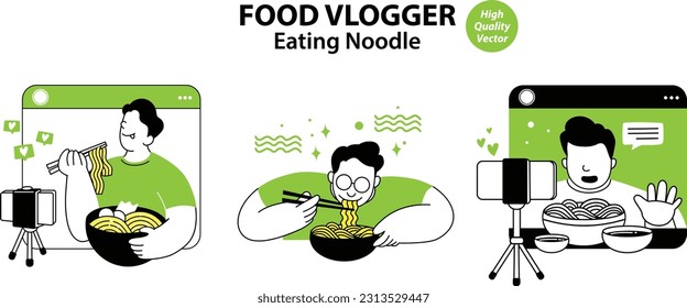 Illustration of man eating noodle, food influencer, vlogger reviewer