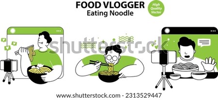 Illustration of man eating noodle, food influencer, vlogger reviewer