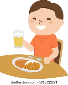 Illustration of a man eating at a restaurant. Men are eating lunch beer and cutlet curry.