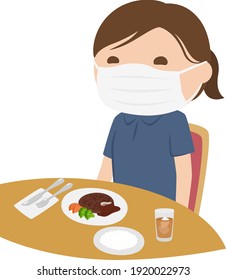 Illustration of a man eating at a restaurant. Women wear masks while eating.