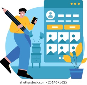 illustration of a man editing his social media profile, a flat design vector with a Content Creation theme concept brings impressive visuals in every content