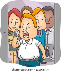 Illustration eines Mannes in einem Aufzug, der Loud auf Handy spricht