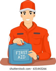 Illustration of a Man from an Emergency Response Team in Uniform holding a First Aid Kit