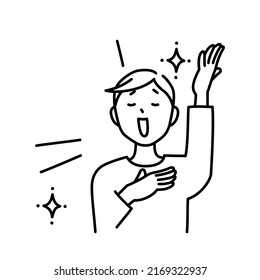 Illustration of a man emphasizing the good side of something (white background, vector, cut out)