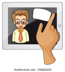 Illustration of a man with an empty callout smiling inside a gadget on a white background