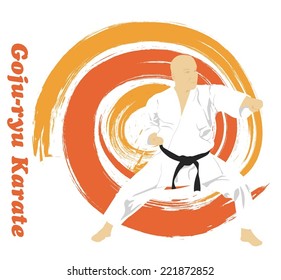 The illustration, the man is engaged in karate on a bright background. Goju-ryu - the name of school of karate.