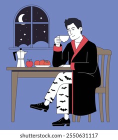 Illustration of a man enjoying a nighttime cup of coffee at home, wearing a robe and bat-print pajamas, with a window view of the moon and stars in a cozy setting
