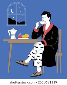 Illustration of a man enjoying a nighttime cup of coffee at home, wearing a robe and bat-print pajamas, with a window view of the moon and stars in a cozy setting
