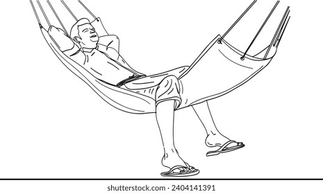 Illustration of man enjoying relaxation in a cartoon hammock, Cartoon character of man lounging in a hammock,  man peacefully resting on a hammock