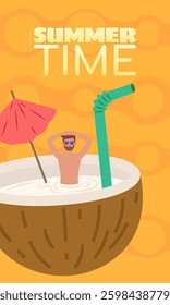 Illustration of a man enjoying summer inside a refreshing coconut cocktail, perfect for conveying holiday vibes