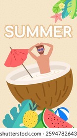 Illustration of a man enjoying a tropical cocktail inside a giant coconut with summer vibes