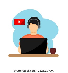 illustration of a man enjoying youtube music on a laptop,