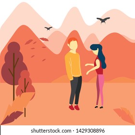 illustration, the man enjoys autumn with her girlfriend because he had not met for a long time 