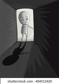 Illustration of a Man Entering a Dark and Mysterious Room