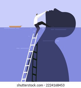 Illustration of a man escaping from water by climbing a huge human figure