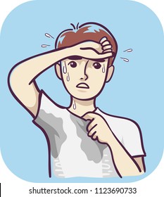 Illustration of a Man with Excessive Sweating Wiping Forehead with Wet Underarms and Chest