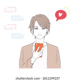 Es una ilustración de un hombre que intercambia mensajes en un smartphone. Es una imagen vectorial.