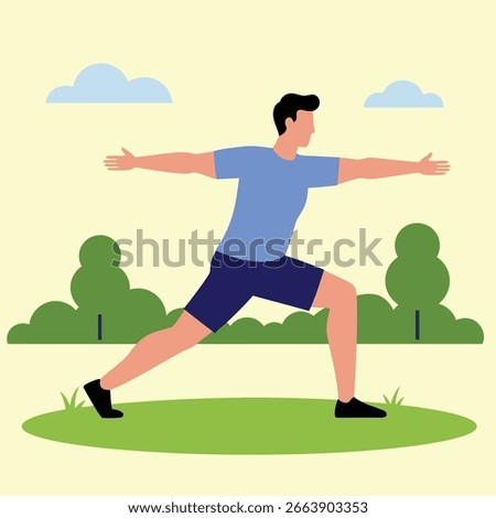 Illustration of a man exercising with side lunge movement in flat vector style. Strength and flexibility workout concept.
