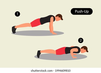 Illustration of a man exercising with two steps of push-ups. Image of a man training his muscles. infographic