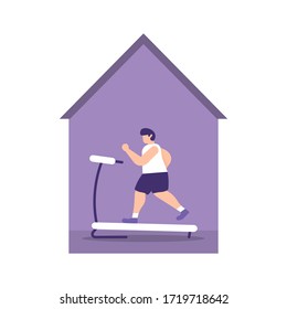 illustration of a man exercising using a treadmill. the concept of sports at home, quarantine, activities at home. flat design. can be used for elements, landing pages, UI.
