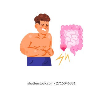 Ilustração de um homem com dor abdominal por apendicite. Sintomas de apendicite. Problemas de saúde e doenças dos órgãos intestinais. Caractere bonito de estilo plano. Fundo branco.